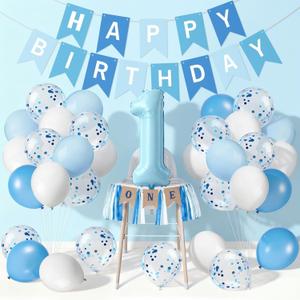 First Birthday Decoration for Boy, Blue Party Set with High Chair Banner, Number 1 Foil BalloonBalloons & Banner for Baby 1 Year Old Birthday Party Decor