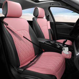 Sanwom Front Car Seat Covers - Leather Seat Covers with Storage Pocket and Two Belt Pads, Anti-Slip Waterproof Universal Seat Covers for Cars Fit Cars Trucks SUV(Pink, 2 Pack)