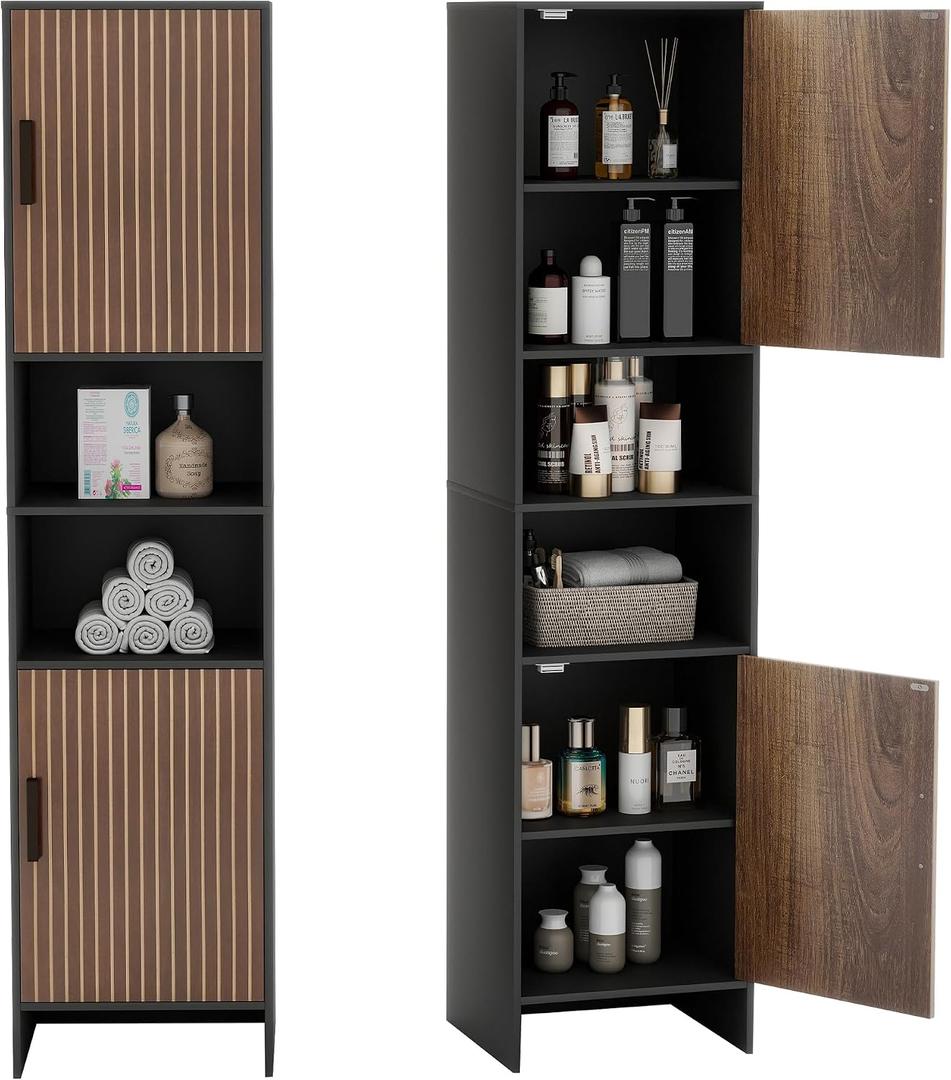 Tall Storage Cabinet, 13.15 Inch Narrow Bathroom Cabinet with USB Magnetic Light, Open Shelf, Magnetic Doors, 2 Adjustable Shelves, Anti-Tip Kit for Small Spaces, Living Room, Black, 57.1" H, 11.81"d X 13.39"w X 57.1"h
