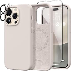 GONEZ for iPhone 14 Pro Case, Compatible with Magsafe, with Screen Protector + Camera Lens Protector, Soft Anti-Scratch Microfiber Lining, Shockproof Liquid Silicone Phone Cover, Stone