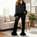 Nicoxijia Women's Feather Trim Silk Pajamas Set Long Sleeve Button Down Sleepwear Bridal Shirt Pants 2 Piece Pjs Lounge Sets (Black, M, 7)