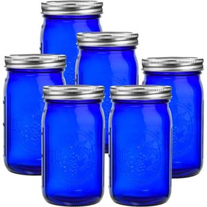 eleganttime Blue Mason Jars Wide Mouth,6 Pack Cobalt Blue Colored Mason Jars 32 oz for Canning, Pickling, Storage, DIY Crafts & Dcor