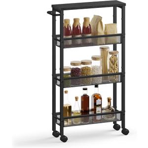 VASAGLE Slim Rolling Cart, 4-Tier Storage Cart, Narrow Cart with Handle, 5.1 Inches Deep, Metal Frame, for Kitchen, Dining Room, Living Room, Home Office, Ebony Black and Classic Black ULRC032B04
