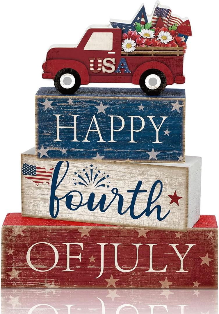 4 Pcs 4th of July Decorations Patriotic Memorial Day Tabletop Decorations Red White Blue Table Centerpieces Wood Block God Bless Sign for Office Tiered Tray Home Shelf Mantel(Independence Day Car)