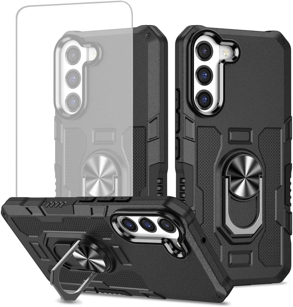 Case for Galaxy S22 Plus Case, Samsung S22+ 5G SM-S906U Case with Tempered Glass Screen Protector, Heavy Duty Metal Ring Magnetic Kickstand Phone Cover for Samsung Galaxy S22+ Black