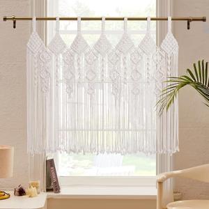 Boho Valance Macrame Curtains for Windows 31" L x 39" W Beaded Macrame Curtains for Doorway & Kichen, Large Wall Hanging Home Decor, Window Treament Room Divider Tapestry Wedding Backdrop, 1 Panel