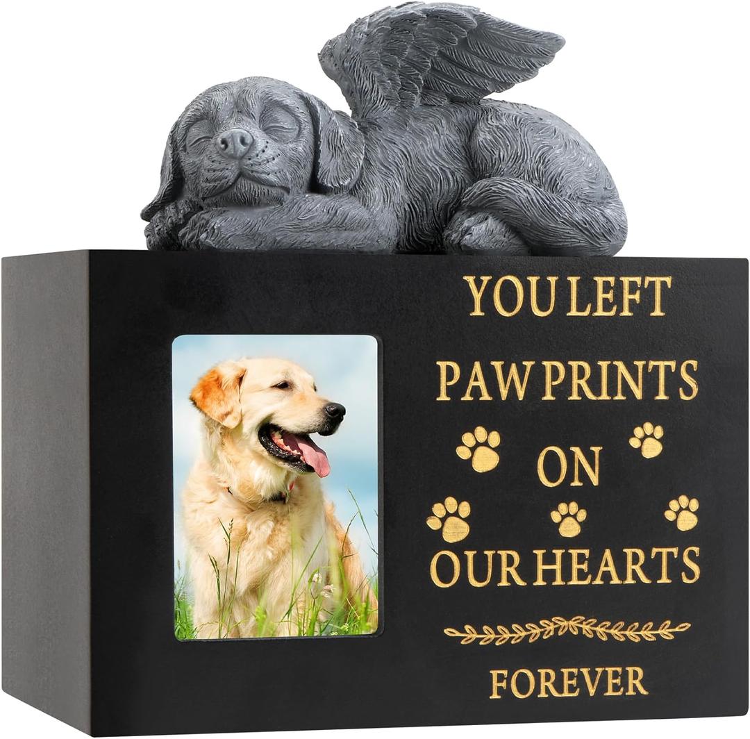 Pet Urns for Dog with Dog Angel, Wooden Pet Memorial Urns with Photo Frame, Pet Cremation Urns Keepsake Memory Box with Black Flannel as Lining, Loss Pet Memorial Remembrance Gift