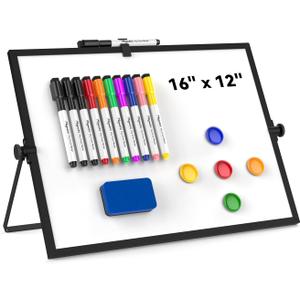 Dry Erase White Board, Cazeyoo Magnetic Desktop Whiteboard 16 x 12inch with Stand, 10 Markers, 4 Magnets and 1 Eraser, Portable Double-Sided White Board for Kids Drawing, Office, Home, School - Black