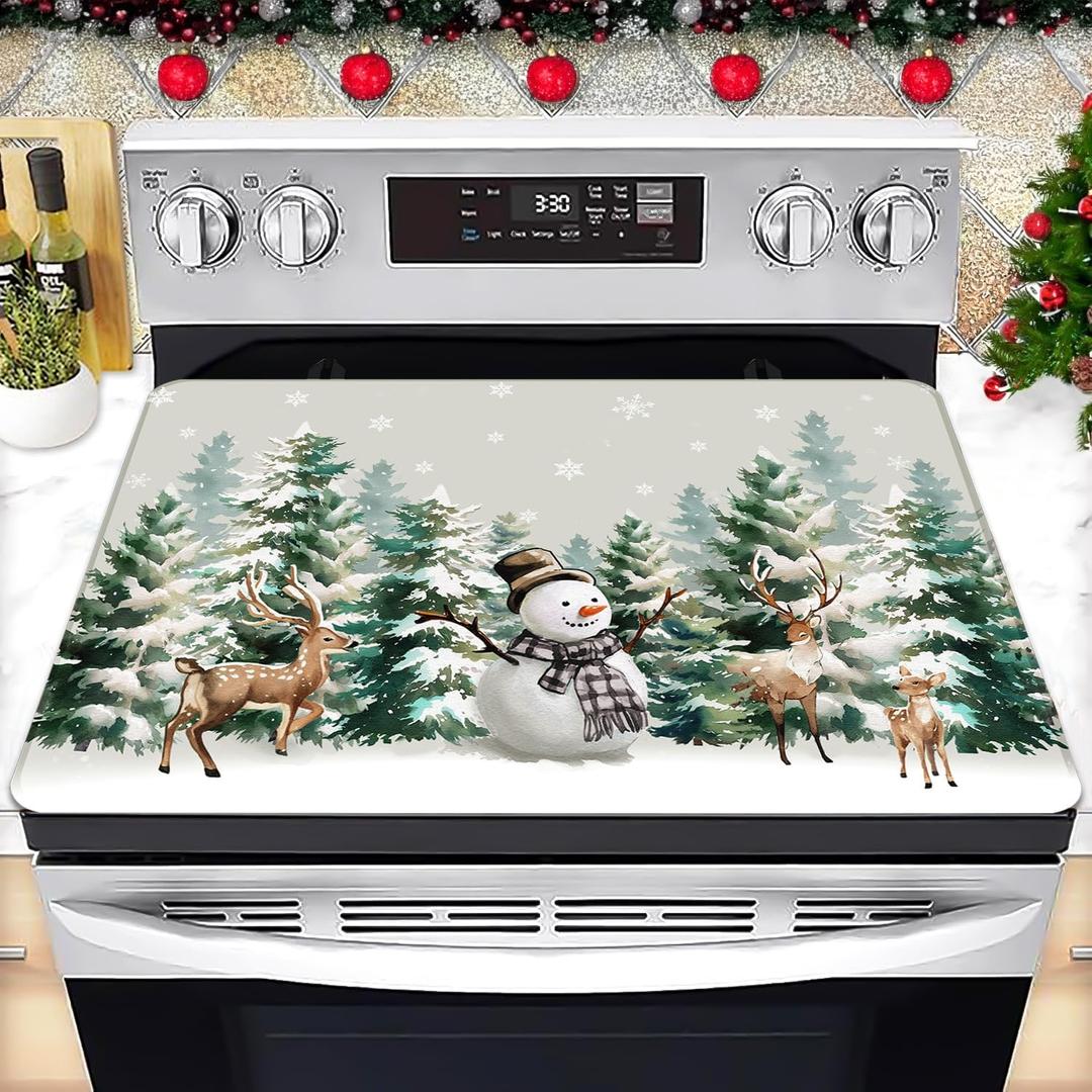 Winter Stove Top Cover for Electric Stove 28 "x 20 ", Christmas Snowman Heat Resistant Glass Top Stove Cover Protector, Glass Cooktop Covers, Kitchen Flat Electric Stove Top Covers (White/Green)