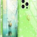 Qviskteme for iPhone 14 Pro Case Cute for Women Girls,Clear Glitter with [1 x Tempered Glass Screen Protector] Slim Phone Cases Shockproof Bumper Protective Soft Silicone Thin Cover 6.1"(Lime Green)