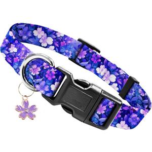 Kazazoo Dog Collar Cute and Soft Nylon Puppy Collar Girl, Adjustable Dog Collars for Medium Large Dogs, Purple Flowers-L