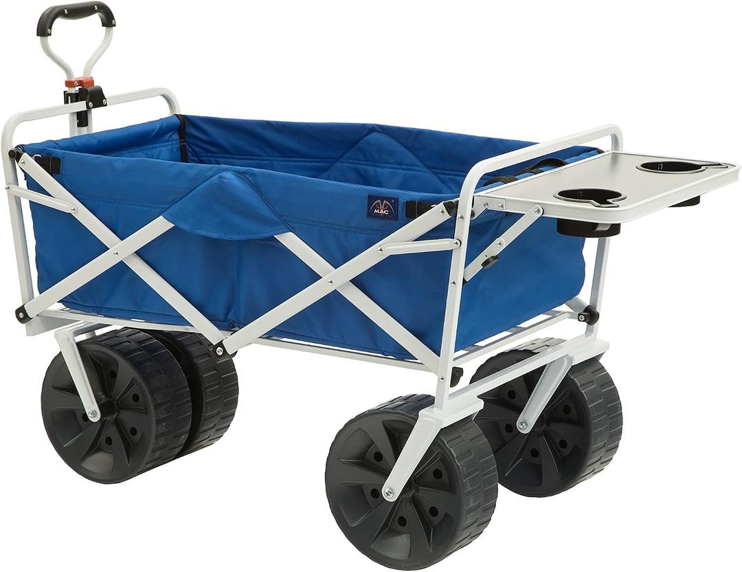 MacSports All Terrain Beach Wagon with Side Table|Heavy Duty Collapsible Folding Cart with Large Wheels for Beach Day, Picnic, Camping, Outdoor Activities | Blue/White