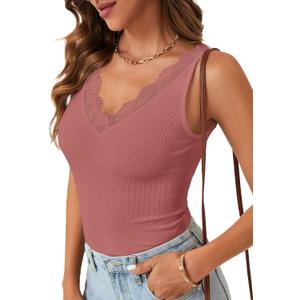 LYANER Women's Lace Trim V Neck Camisole Top Ribbed Knit Basic Cami Tank Sleeveless Undershirt Tops (L)