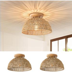 13 Inch Rattan Flush Mount Ceiling Lights Farmhouse Boho Ceiling Light Fixtures Rustic Wicker Hand Woven Rope Cage for Dining Room Kitchen Bedroom Foyer Hallway Entryway 2 Packs