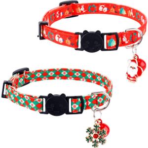 2 x 2pcs Christmas Cat Collar, Cat Collar with Bells Santa Claus and Snowflake Pendant Cat CollarBreakawayAdjustable Kitten Puppy Collarfor Pets Supplies