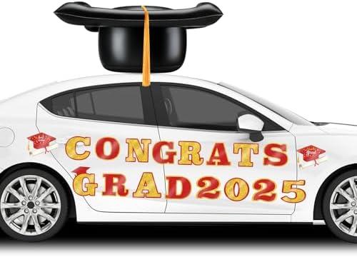 2025 Graduation Car Decorations 23'' Large Inflatable Grad Cap Car Decors Congrats Grad Letters Bulk Class of 2025 PVC Inflatable Cap for Senior High School Collage Prom Party Decors(Red, Gold)