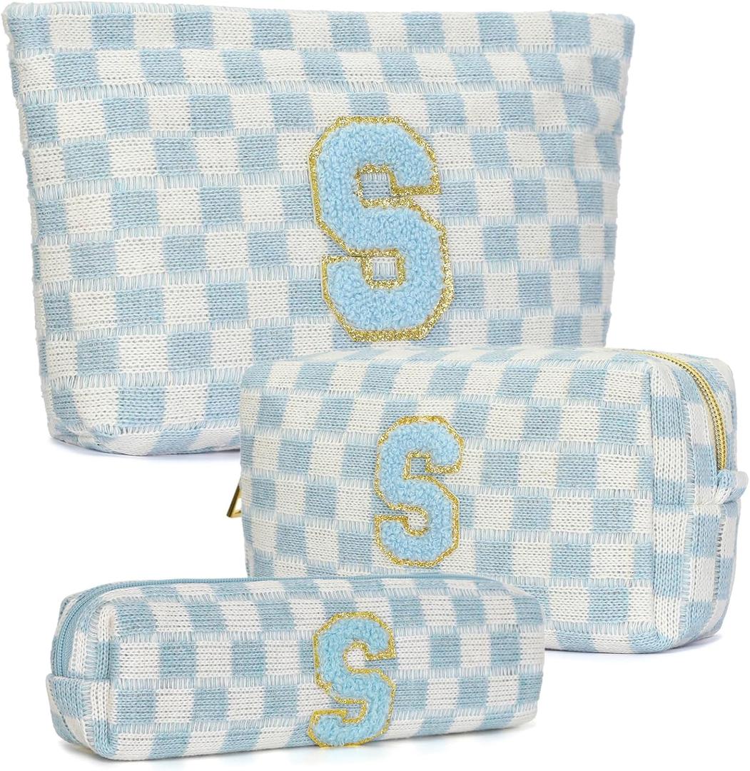 3 Pcs Makeup Bag Cosmetic bags for women Large Capacity Checkered Cosmetic Bag Canvas Travel Toiletry Bag Organizer Cute Makeup Bag Mother's Day Birthday Gift for Women (Blue S)