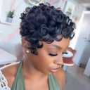 Curly Wave Short Wig for Black Women 1B Black Color Pixie Cut Wig Synthetic Wave Layered Haircut None Lace Front Wigs with Bangs for Daily Use