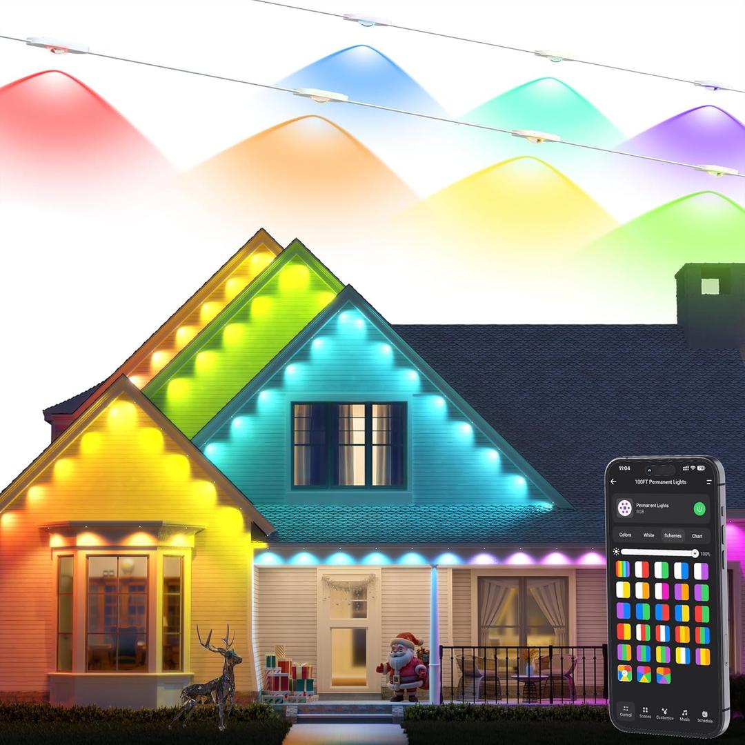 Brizled Essential Smart Permanent Lights, 150ft 90 LED RGB Permanent Outdoor Lights Work with Alexa & Google, APP Control Smart Christmas Light IP65 Waterproof Outdoor Eave Light for Xmas Halloween (RGB -White Wire)