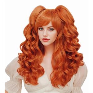 Long Ginger Wig for Women Lolita Auburn Culry wig with 2 Ponytails Clip On Synthetic Cosplay Wig with Bangs