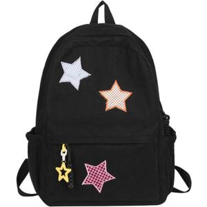 Corduroy Star Backpack Cute Y2k Preppy Backpack Aesthetic College Laptop Backpack Y2k Accessories for Women (Black)