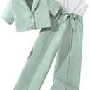 Hilinker Girl's 2 Piece Outfits Short Sleeve Blazer Belted Wide Leg Sleeveless Jumpsuit Sets Green White 11-12 Year