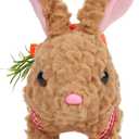 Hopearl Hopping Rabbit with LED Ears Carrot Backpack Interactive Plush Bunny Toy with Sounds Animated Walking Wiggle Light up Ears Twitch Nose Gift for Toddlers, Brown, 7''
