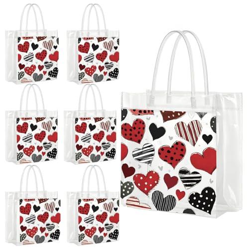 Falueqg Valentine's Day Clear Gift Bags - 20Pcs Valentine's Day Clear PVC Goodie Gift Bags with Handle Red Love Heart Handbag for Valentines Galentines Day Wedding Birthday Anniversary