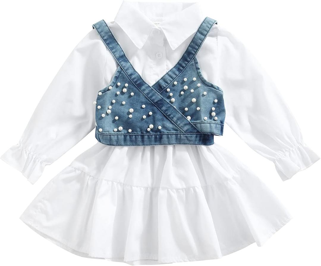2PCS Baby Girl Strap Pearl Denim Crop Tops Beading Back Bandage Vest + Lapel Button Shirt Dress Set (1-2T, White Blue)