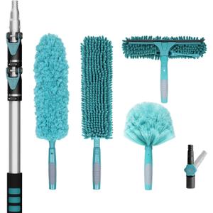 TelesPro 20 Foot High Reach Duster Kit with 5-12FT Extension Pole High Ceiling Dusting and Window Cleaning Kit with Telescopic Pole Window Washer&Squeegee,Cobweb Duster,Fan Duster and Feather Duster
