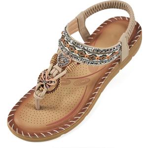 Aomigoct Sandals Women Flat Shoes: Dressy Summer Bohemian Flats Shoes for Women Sandals Comfortable Ankle Strap Outdoor Walking (8-8.5, Beige)