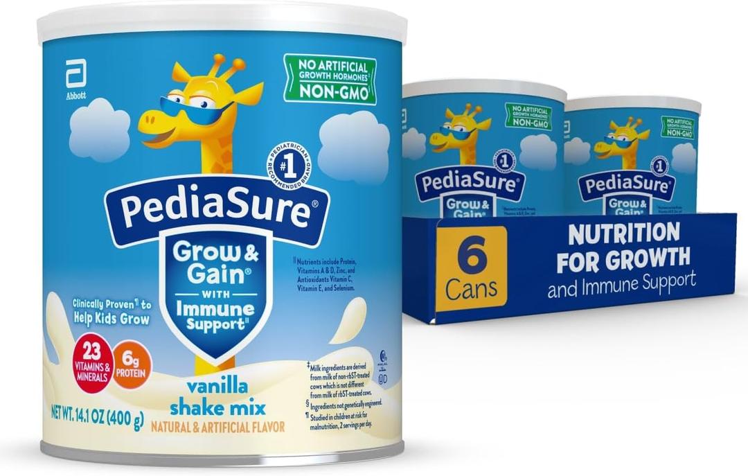 PediaSure Grow & Gain with Immune Support Shake Mix Powder, 23 Vitamins & Minerals, 6g Protein, Non-GMO, Gluten-Free, Kids Nutrition, Vanilla, 14.1 oz Can, Pack of 6-48 servings, EXP 1/DEC/2026