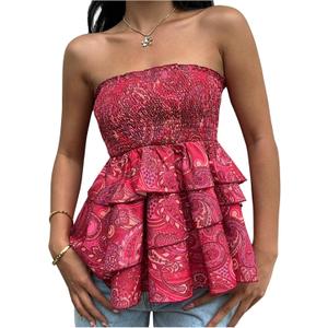 Women's Boho Paisley Strapless Tube Tops Ruffle Layered Smocked Vacation Bandeau Top (Red, M)