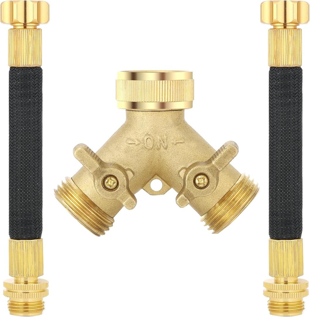 3/4 Inch Brass 2-Way Garden Hose Splitter Y-Shaped Hose Connector with 2 Anti-Kink Spiral Protectors, Heavy-Duty Metal Outdoor Faucet Splitter, Brass Handle Design, Garden Hose Adapter
