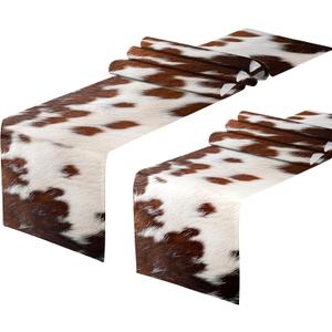 2 PCS Linen Cow Print Table Runner 71 x 13'' Farmhouse Western Brown and White Cowhide Table Runner Rustic Coffee for Birthday Home Kitchen Decorations