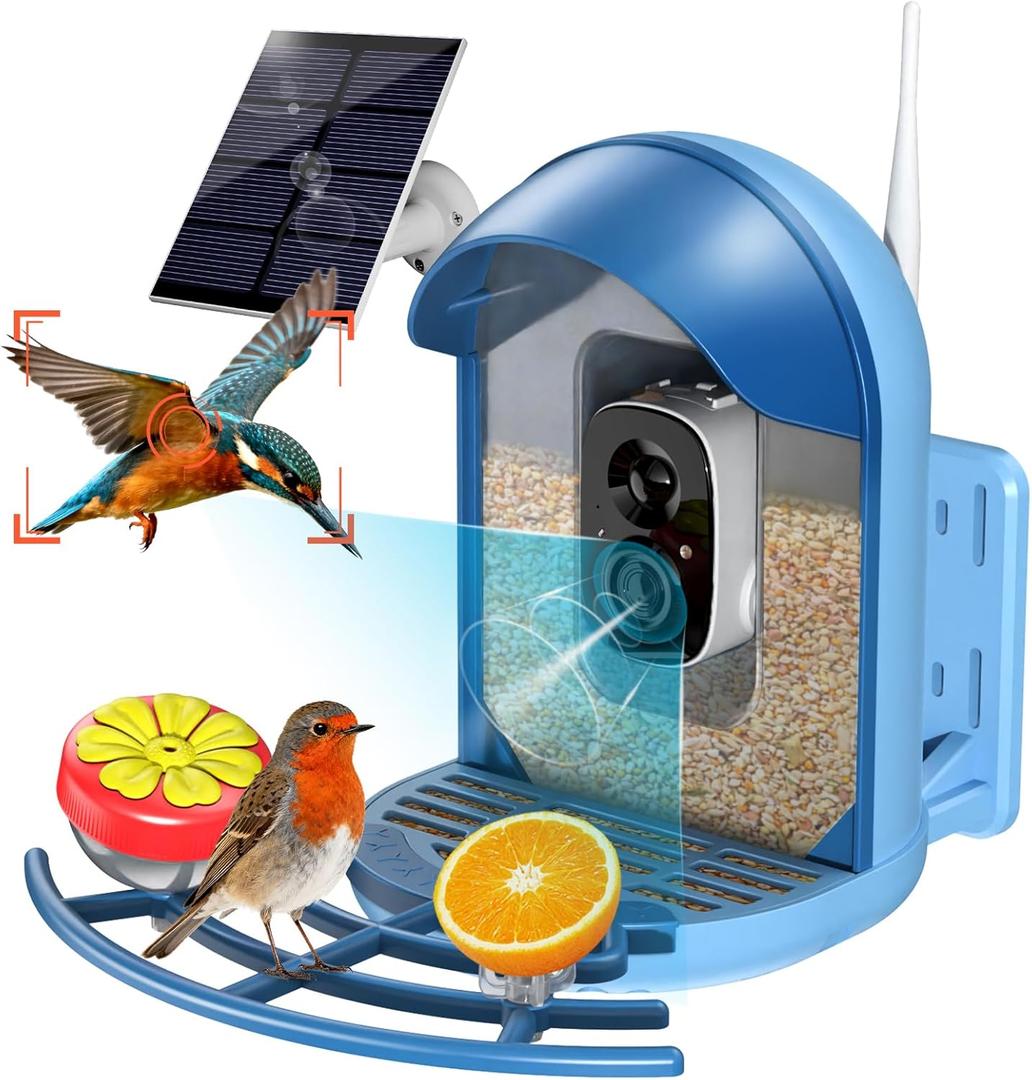 Smart Bird Feeder with 2K Camera, Solar Powered Wireless Birds House with APP Control, Night Vision, Motion Detection Alerts, IP66 Outdoor Birdfeeder for Backyard Garden Bird Watching,Blue