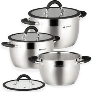 Daniks Orlando 6-Piece Stainless Steel Induction Cookware Set  Dishwasher Safe Pots with Heatproof Handles, Glass Lids, Measuring Scale, Silver
