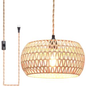Plug in Pendant Light Rattan Hanging Lamp Pendant Light with on/Off Switch Rattan Woven Shade Hanging Lamp Plug in for Living Room Bedroom Farmhouse