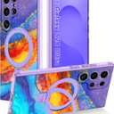 Magnetic for Samsung Galaxy S24 Ultra Case with Invisible Ring Stand [Compatible with MagSafe], Full Body Rugged Slim Women Men Girl Shockproof Marble Pattern Design Case,Orange/Blue
