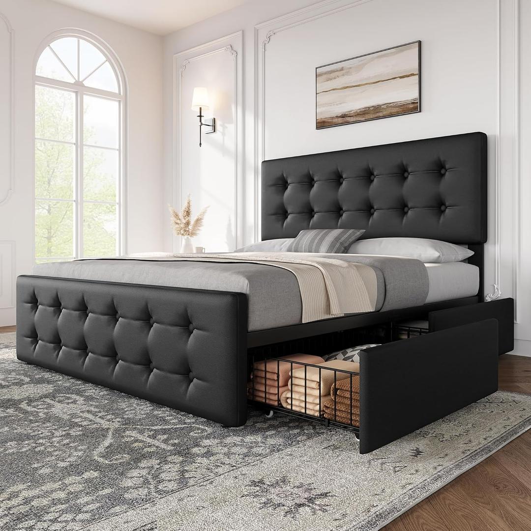 IDEALHOUSE Queen Size Bed Frame with 4 Storage Drawers and Headboard, Faux Leather Upholstered Platform Bed Frame with Wooden Slats Support, Button Tufted Design, No Box Spring Needed, Black