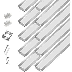 10-Pack 3.3ft/1Meter Silver Recessed LED Aluminum Channel for LED Strip Lights Diffuser Channel with Milky Cover End Caps and Mounting Clips, Flush Mounted LED Track for Ceiling Under Cabinet Closet.
