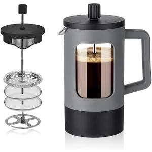 YOLIFE French Press Coffee Maker, 21 oz Small Coffee Tea Press with Heat-resistant Borosilicate Glass, 4-Level Filtration Systems, Portable Coffee Pot for Camping Travel Gifts, Grey and Black