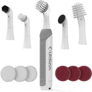 LifeBasis Rechargeable Power Scrubber, Cordless Electric Cleaning Brush, Water Resistant Small Electric Grout Brush with 5 Brushes for Home/Kitchen/Bathroom/Grout/Tile/Shower/Tub, White