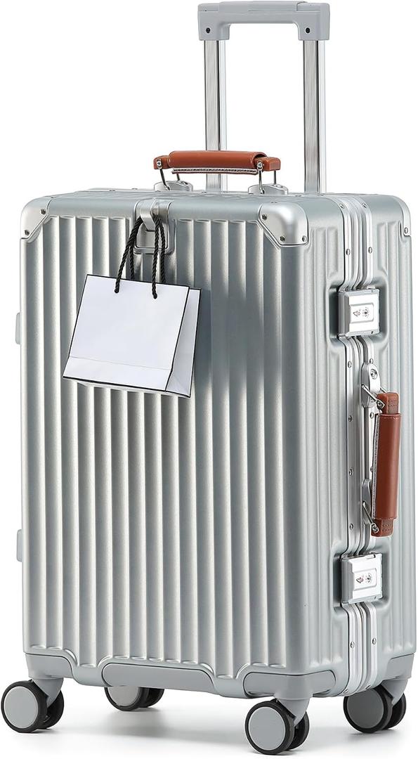 20 Inch Carry On Luggage with Leather Handle, PC Zipperless Suitcase with Spinner Wheels and TSA Locks, 22x14x9 Airline Approved Luggage for Travel, Silver