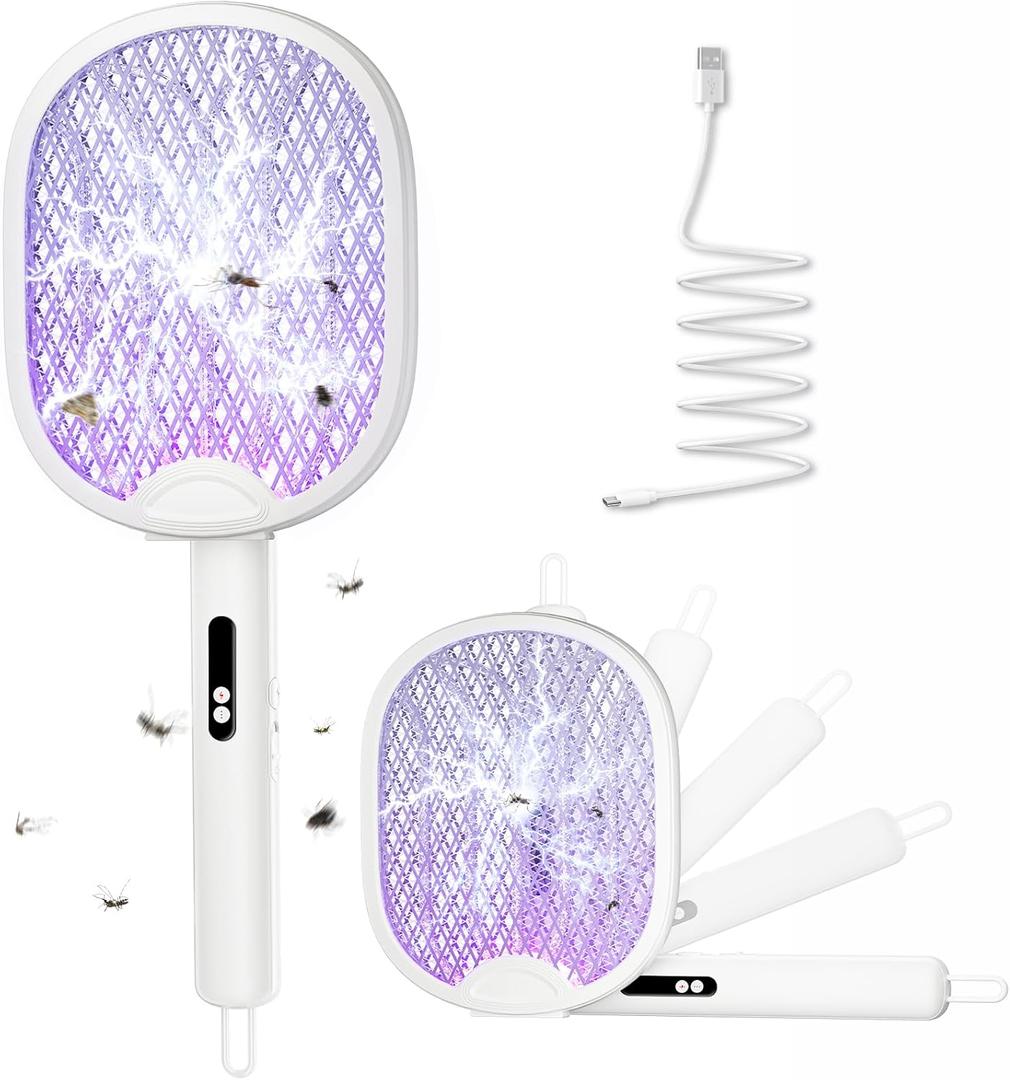 Electric Fly Swatter Foldable Bug Zapper Racket with 4000V 1800mAh Rechargeable Battery 5-Layer Safety Mesh Dual Modes with Mosquito Light Suitable for Indoor or Outdoor Use (White) (X01)