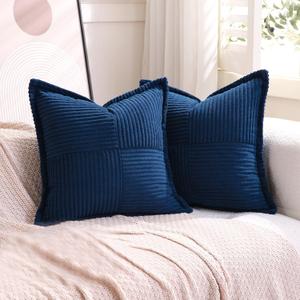 Puncuntex Navy Blue Throw Pillow Covers 1818 Inches Set of 2 Corduroy Boho Decorative Soft Square Striped Cushion Covers for Couch Sofa Living Room 4545CM