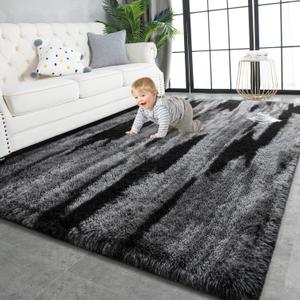 TWINNIS Super Soft Shaggy Rugs Fluffy Carpets, 6x9 Feet, Indoor Modern Plush Area Rugs for Living Room Bedroom Kids Room Nursery Home Decor, Upgrade Anti-Skid Rectangular Fuzzy Rug, Black Gray