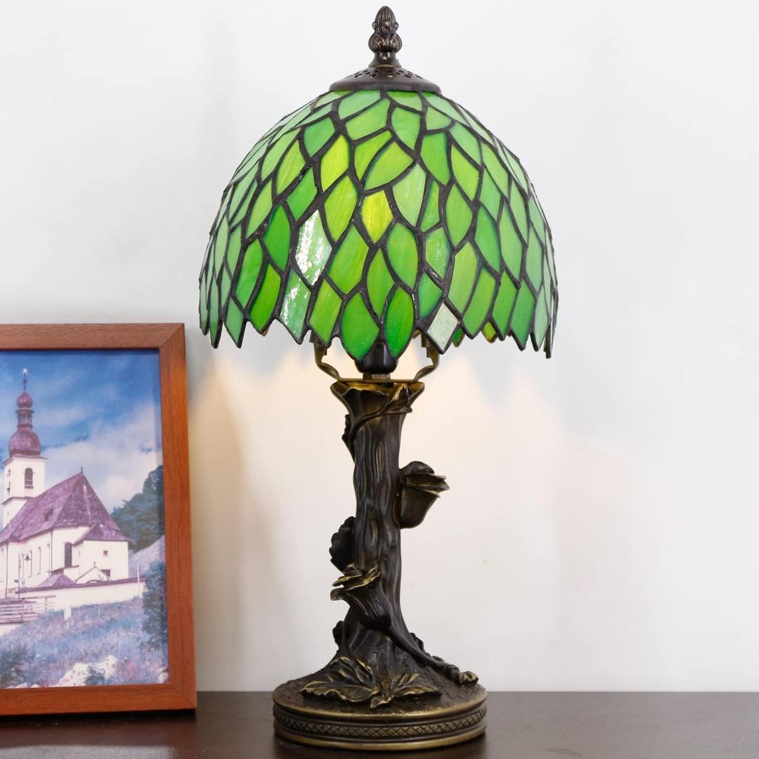 Small Tiffany Lamp Stained Glass Table Lamp Green Wisteria Leaves Style Bedside Desk Light Mini Accent Desk Memory Lamp 8X15 Inch