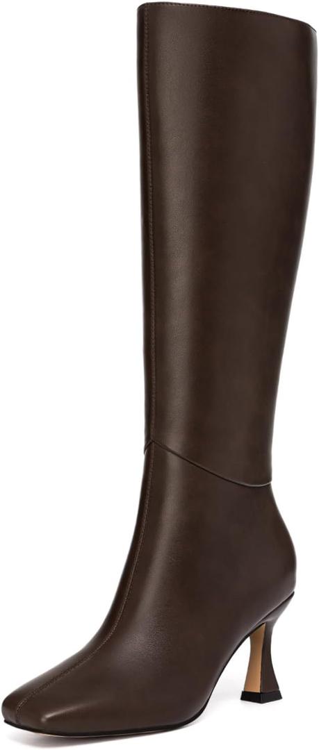Athlefit Women's Kitten Heel Knee High Boots Square Toe High Heel Sexy Tall Boots with Side Zipper (7.5, Brown)