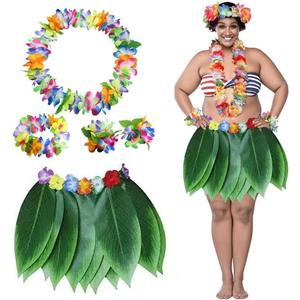 Hawaiian Hula Leaf Skirt Set Plus Size with Lei Necklace, Bracelet and Hair Clips, Tropical Hawaiian Costume Set ( No Size )